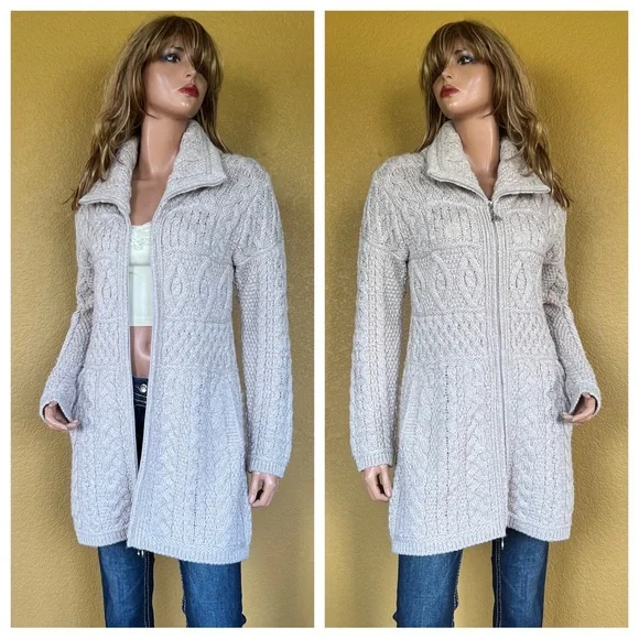 Inis Crafts Merino Wool Long Full-Zip Tunic Cardigan Sweater Beige - Picture 2 of 12